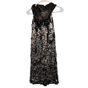NWT Black Sequin Halter Dress Faux Leather Twist Neck By Poleci Size 0 Silk USA
